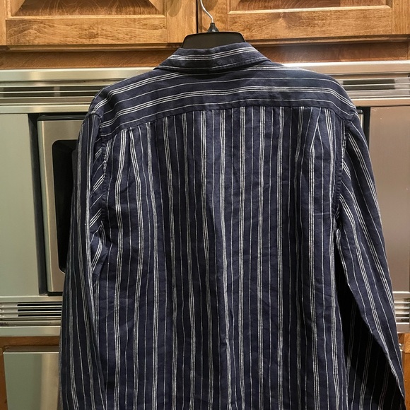 NWT Men's Striped Blue 100% Linen Button Shirt - Picture 5 of 7